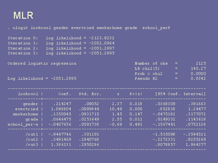MLR. ologit lookcool gender evertried smokerhome grade Iteration 0: 1: 2: 3: log log