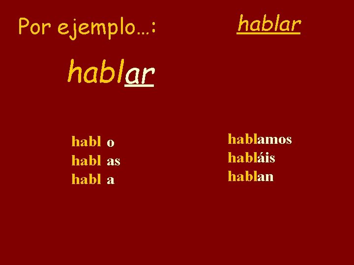 Por ejemplo…: hablar habl o habl as habl a hablamos habláis hablan 