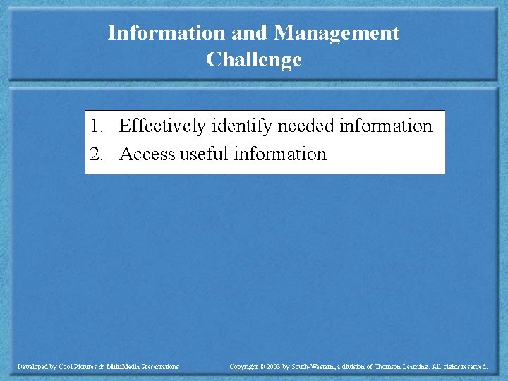 Information and Management Challenge 1. Effectively identify needed information 2. Access useful information Developed
