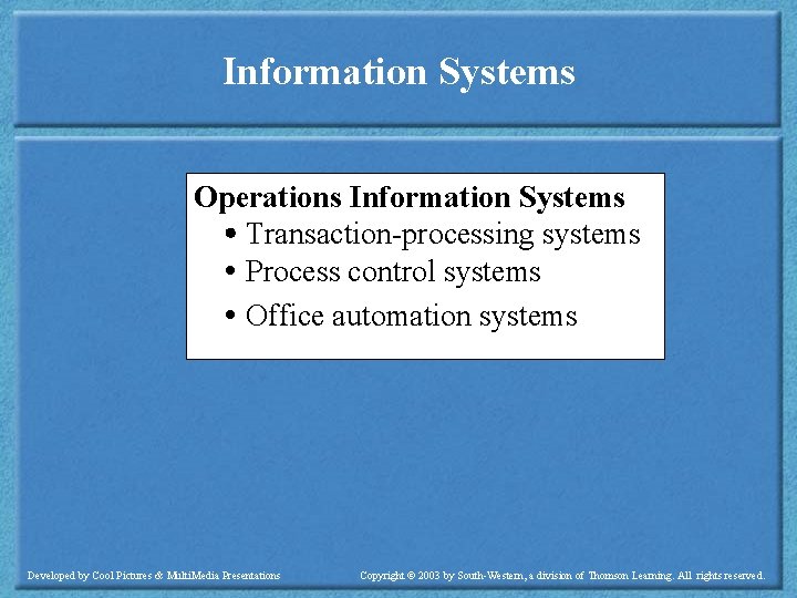 Information Systems Operations Information Systems Transaction-processing systems Process control systems Office automation systems Developed