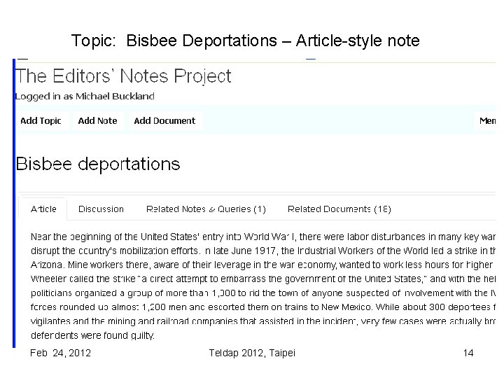 Topic: Bisbee Deportations – Article-style note Feb 24, 2012 Teldap 2012, Taipei 14 