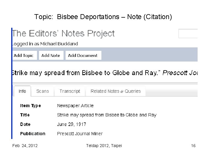 Topic: Bisbee Deportations – Note (Citation) Feb 24, 2012 Teldap 2012, Taipei 16 