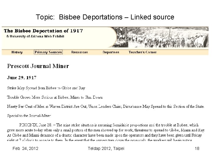 Topic: Bisbee Deportations – Linked source Feb 24, 2012 Teldap 2012, Taipei 18 