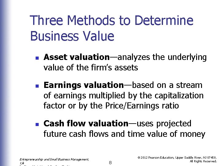 Three Methods to Determine Business Value n n n Asset valuation—analyzes the underlying value