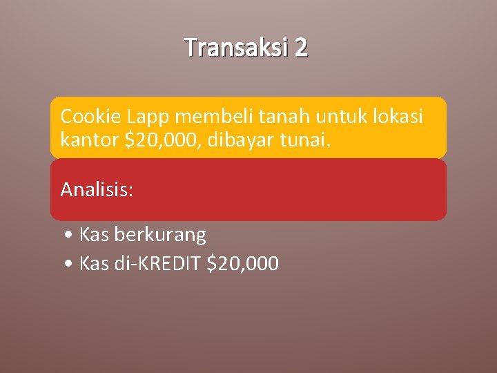 Transaksi 2 Cookie Lapp membeli tanah untuk lokasi kantor $20, 000, dibayar tunai. Analisis: