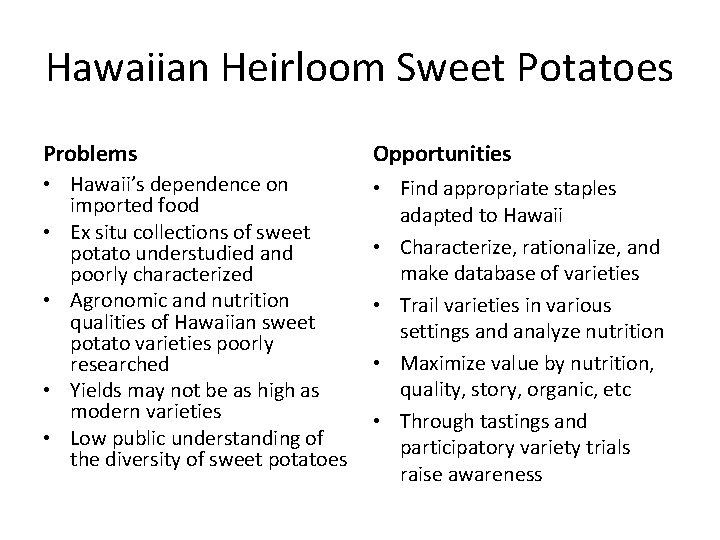 Hawaiian Heirloom Sweet Potatoes Problems Opportunities • Hawaii’s dependence on imported food • Ex