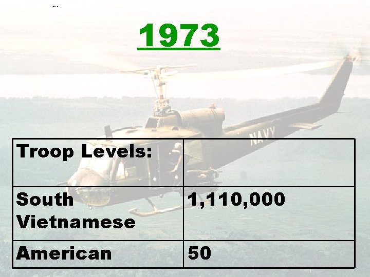 helo 1973 Troop Levels: South Vietnamese 1, 110, 000 American 50 