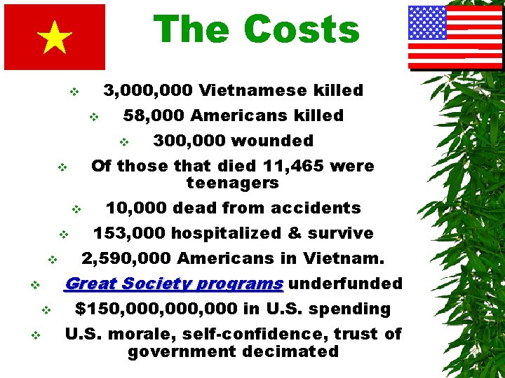 The Costs 3, 000 Vietnamese killed v v 58, 000 Americans killed 300, 000