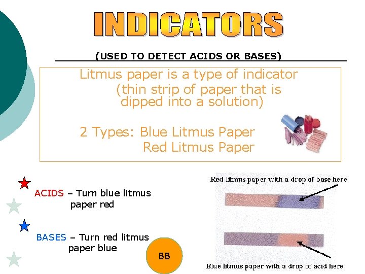 (USED TO DETECT ACIDS OR BASES) Litmus paper is a type of indicator (thin