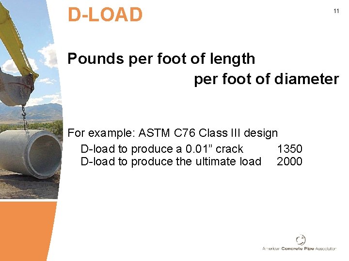 D-LOAD 11 Pounds per foot of length per foot of diameter For example: ASTM