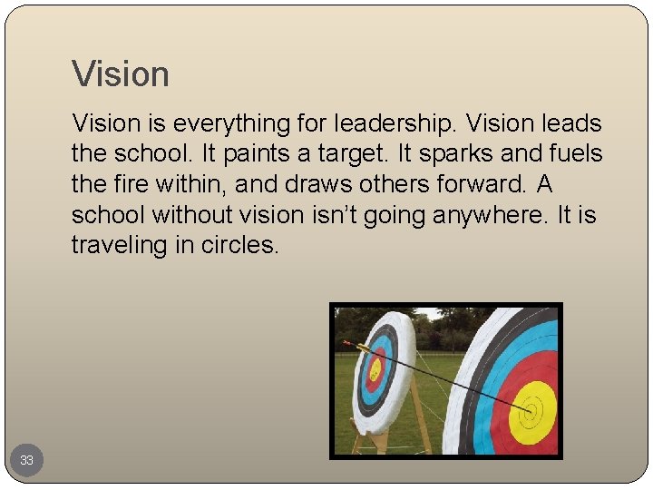 Vision is everything for leadership. Vision leads the school. It paints a target. It