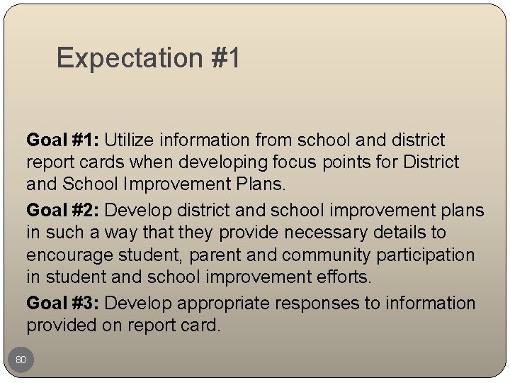 Expectation #1 Goal #1: Utilize information from school and district report cards when developing
