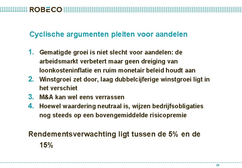 Cyclische argumenten pleiten voor aandelen 1. Gematigde groei is niet slecht voor aandelen: de
