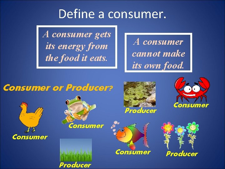 Define a consumer. A consumer gets its energy from the food it eats. A