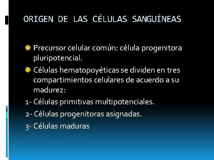 ORIGEN DE LAS CÉLULAS SANGUÍNEAS Precursor celular común: célula progenitora pluripotencial. Células hematopoyéticas se