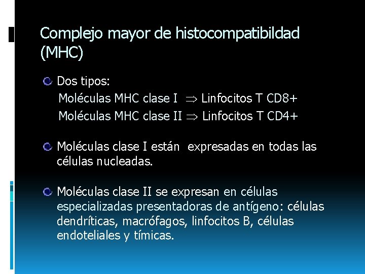 Complejo mayor de histocompatibildad (MHC) Dos tipos: Moléculas MHC clase I Linfocitos T CD