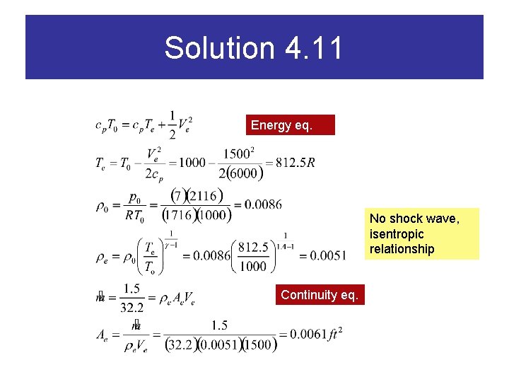 Solution 4. 11 Energy eq. No shock wave, isentropic relationship Continuity eq. 