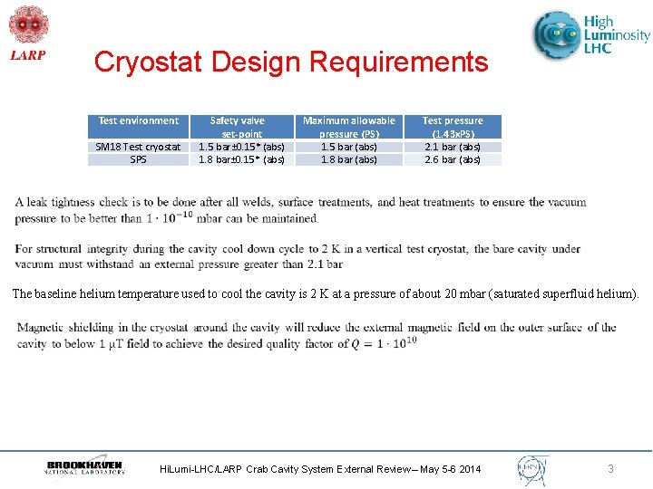 Cryostat Design Requirements Test environment SM 18 Test cryostat SPS Safety valve   set-point