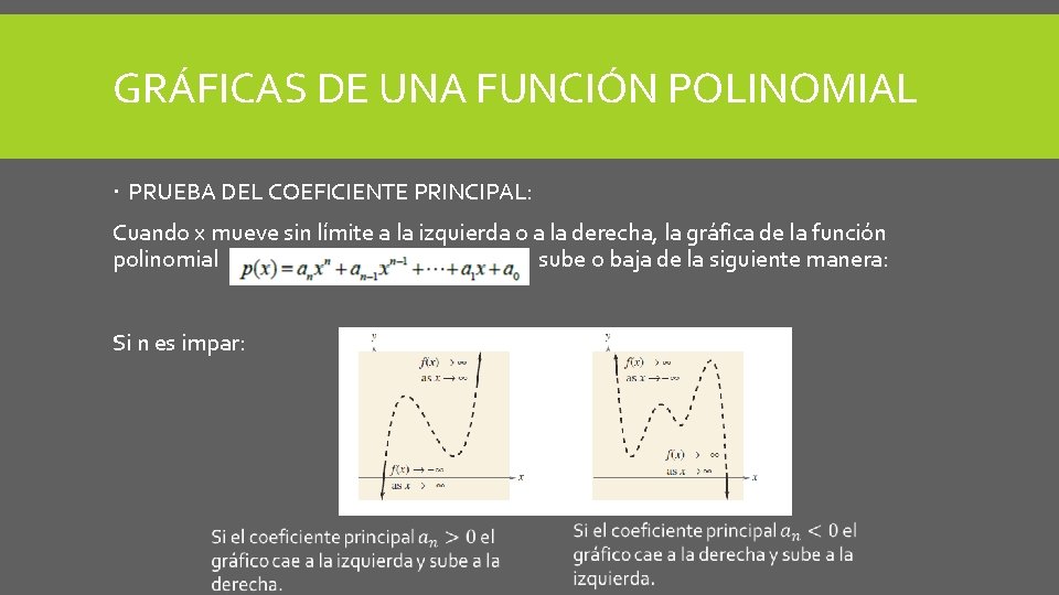 GRÁFICAS DE UNA FUNCIÓN POLINOMIAL PRUEBA DEL COEFICIENTE PRINCIPAL: Cuando x mueve sin límite GRÁFICAS DE UNA FUNCIÓN POLINOMIAL PRUEBA DEL COEFICIENTE PRINCIPAL: Cuando x mueve sin límite