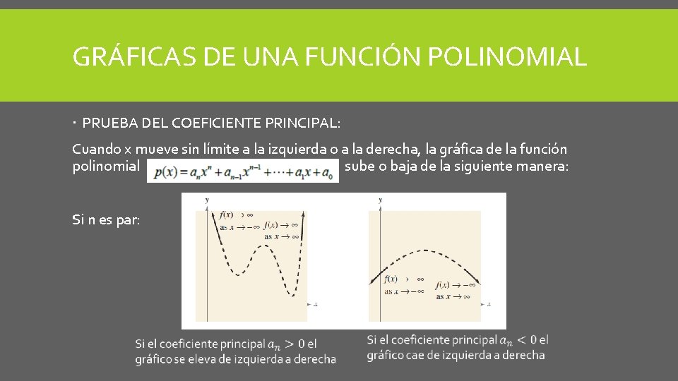 GRÁFICAS DE UNA FUNCIÓN POLINOMIAL PRUEBA DEL COEFICIENTE PRINCIPAL: Cuando x mueve sin límite GRÁFICAS DE UNA FUNCIÓN POLINOMIAL PRUEBA DEL COEFICIENTE PRINCIPAL: Cuando x mueve sin límite