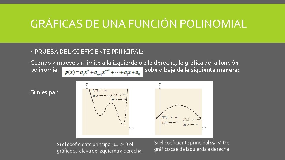 GRÁFICAS DE UNA FUNCIÓN POLINOMIAL PRUEBA DEL COEFICIENTE PRINCIPAL: Cuando x mueve sin límite