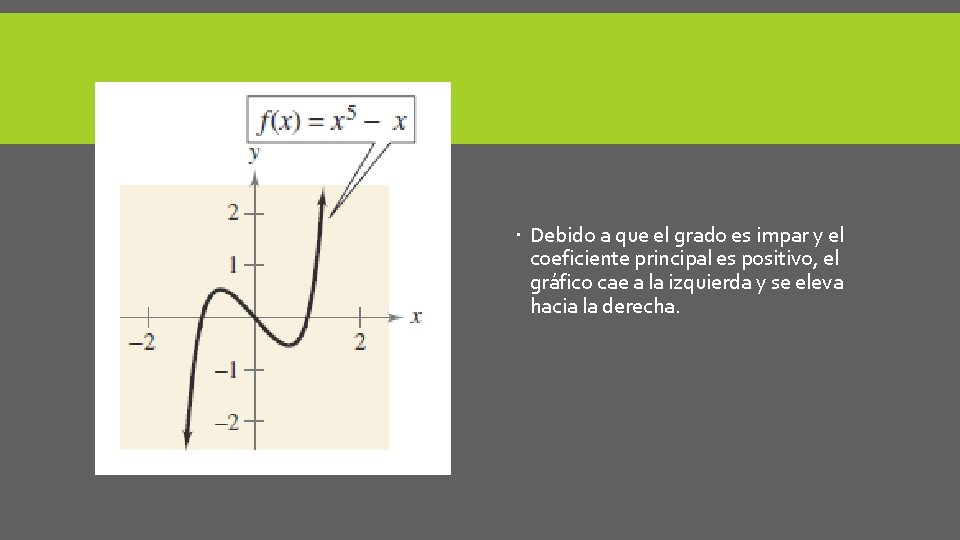 Debido a que el grado es impar y el coeficiente principal es positivo, Debido a que el grado es impar y el coeficiente principal es positivo,