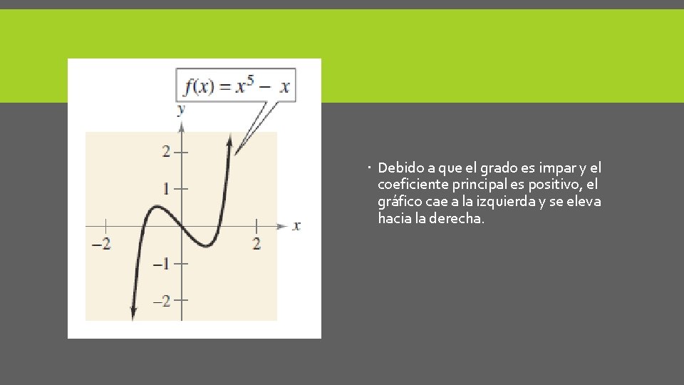  Debido a que el grado es impar y el coeficiente principal es positivo,