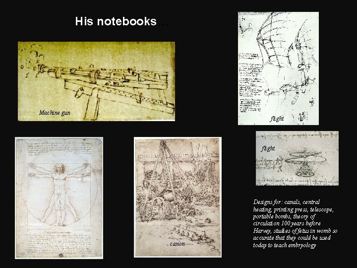 His notebooks… Machine gun flight canon Designs for: canals, central heating, printing press, telescope,