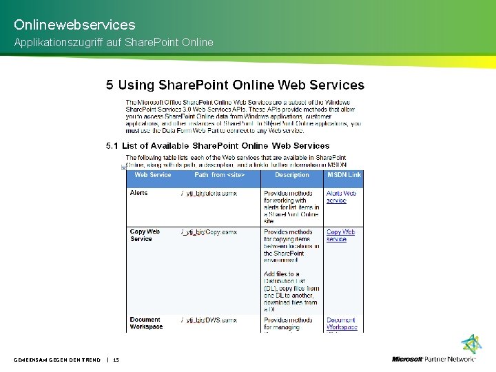 Onlinewebservices Applikationszugriff auf Share. Point Online GEMEINSAM GEGEN DEN TREND | 15 