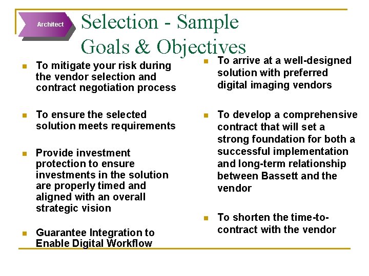 Architect Selection - Sample Goals & Objectives To arrive at a well-designed n To