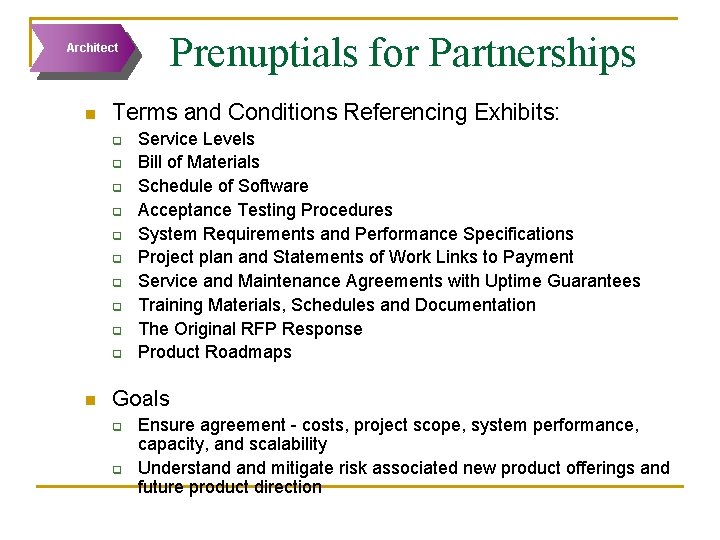 Prenuptials for Partnerships Architect n Terms and Conditions Referencing Exhibits: q q q q