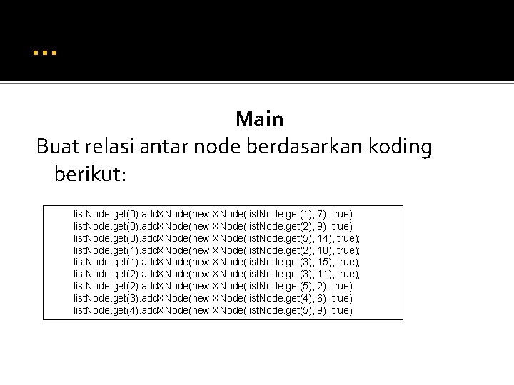 … Main Buat relasi antar node berdasarkan koding berikut: list. Node. get(0). add. XNode(new