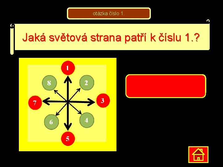 otázka číslo 1. Jaká světová strana patří k číslu 1. ? SEVER. 