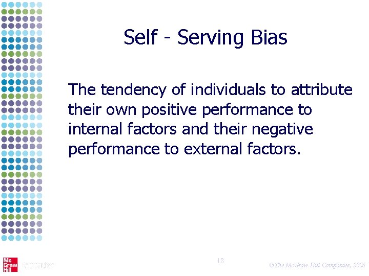 Self - Serving Bias The tendency of individuals to attribute their own positive performance