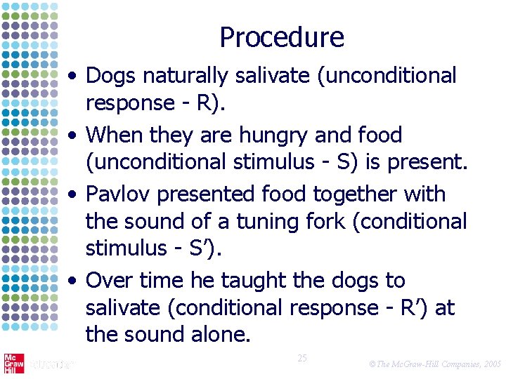 Procedure • Dogs naturally salivate (unconditional response - R). • When they are hungry