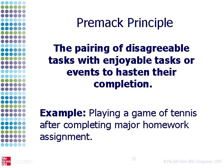 Premack Principle The pairing of disagreeable tasks with enjoyable tasks or events to hasten