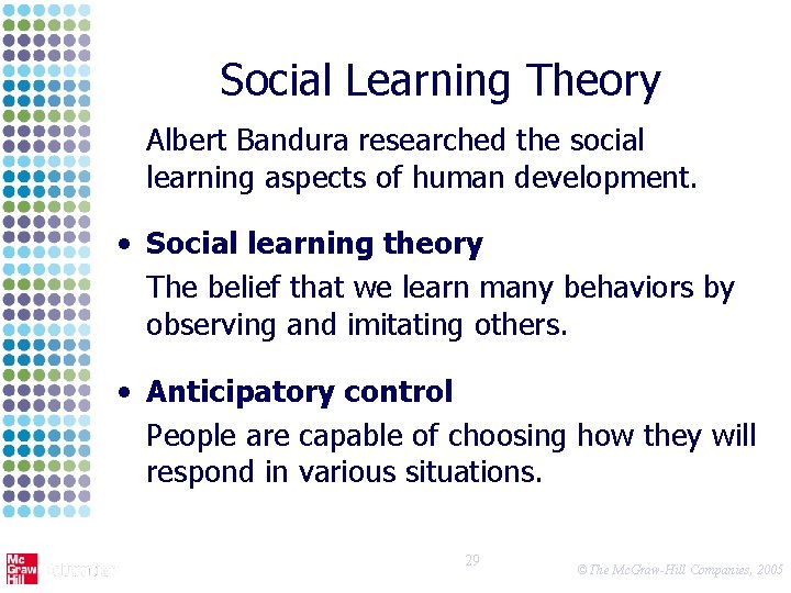 Social Learning Theory Albert Bandura researched the social learning aspects of human development. •