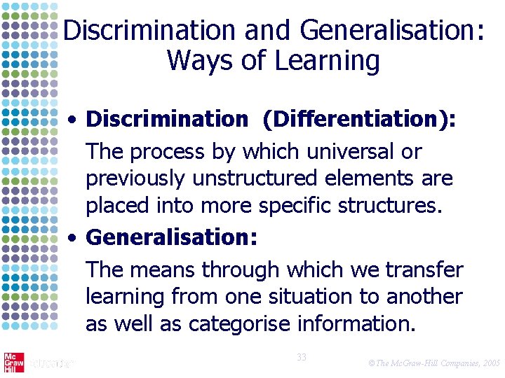 Discrimination and Generalisation: Ways of Learning • Discrimination (Differentiation): The process by which universal