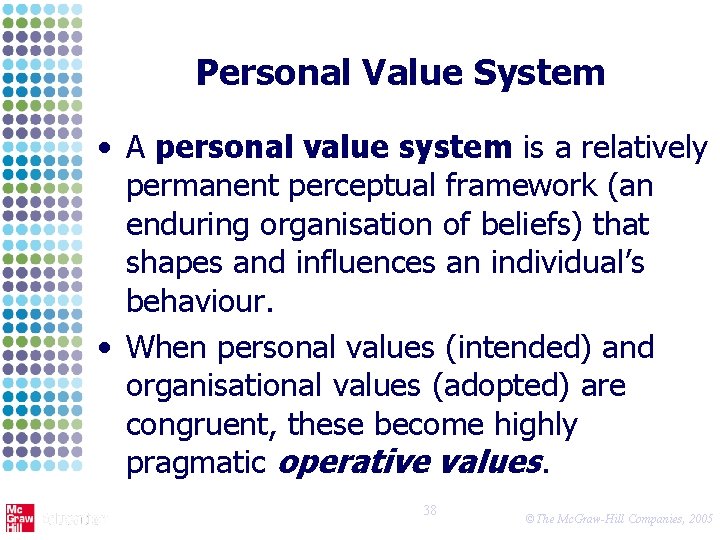 Personal Value System • A personal value system is a relatively permanent perceptual framework