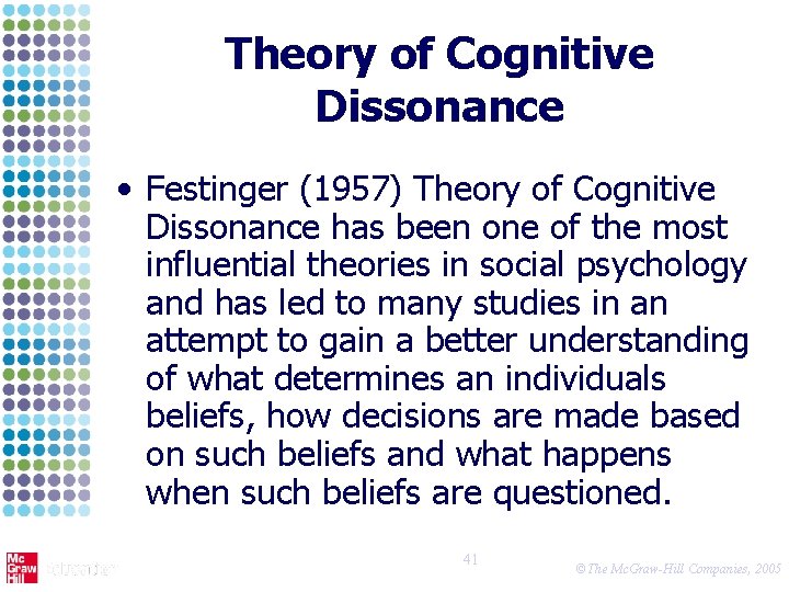 Theory of Cognitive Dissonance • Festinger (1957) Theory of Cognitive Dissonance has been one