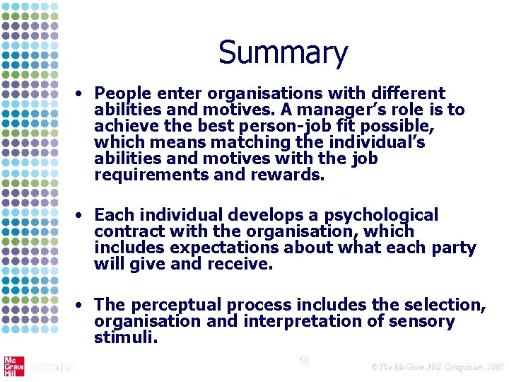 Summary • People enter organisations with different abilities and motives. A manager’s role is