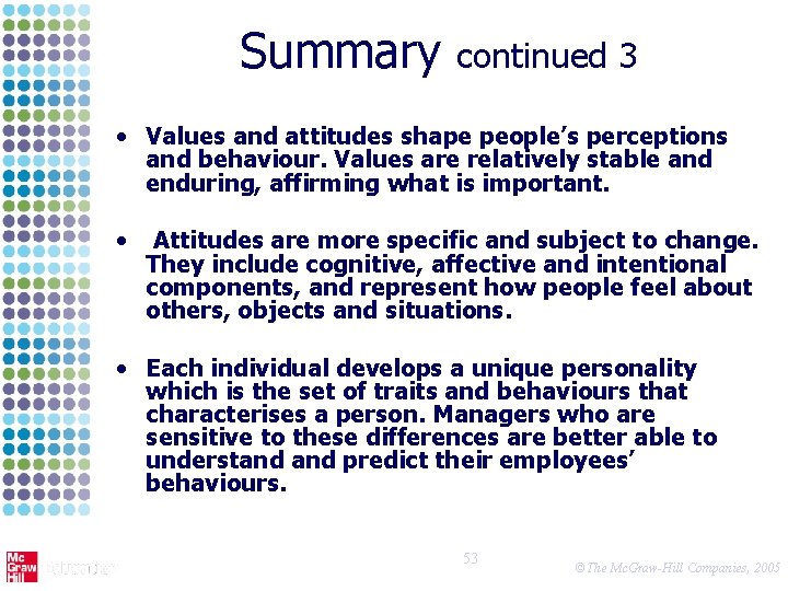 Summary continued 3 • Values and attitudes shape people’s perceptions and behaviour. Values are