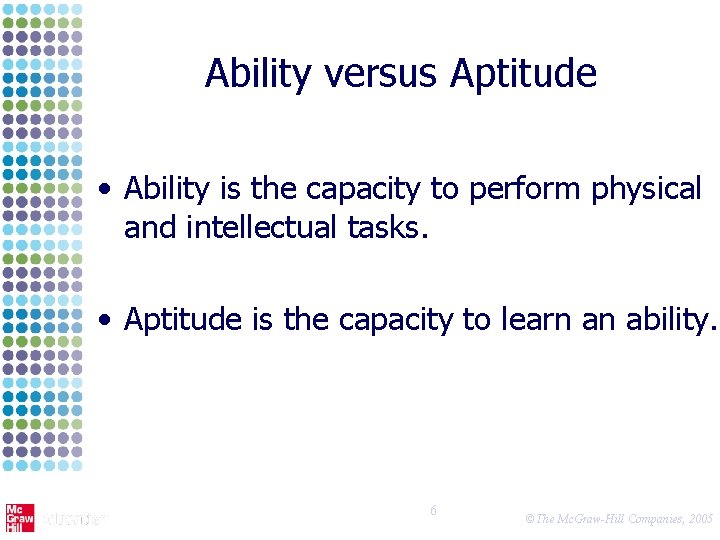 Ability versus Aptitude • Ability is the capacity to perform physical and intellectual tasks.