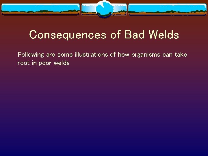 Consequences of Bad Welds Following are some illustrations of how organisms can take root