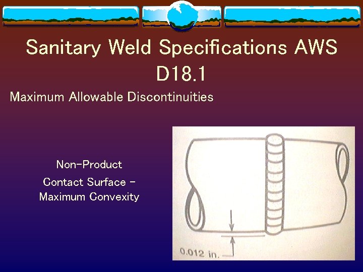 Sanitary Weld Specifications AWS D 18. 1 Maximum Allowable Discontinuities Non-Product Contact Surface Maximum