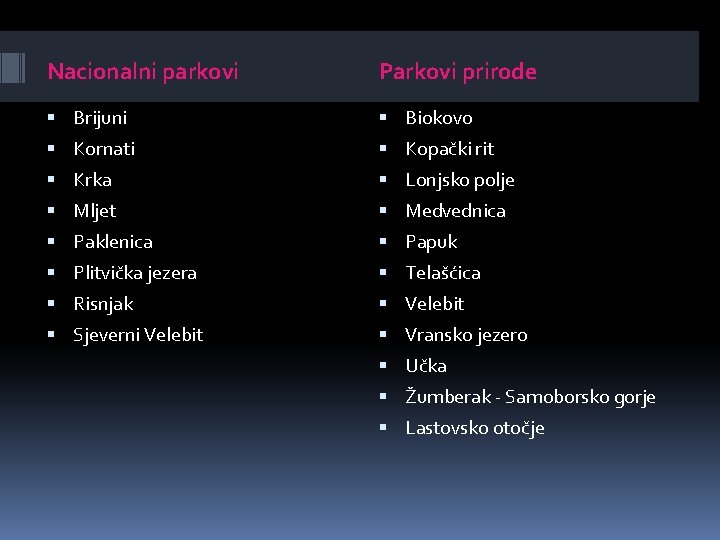 Nacionalni parkovi Parkovi prirode Brijuni Biokovo Kornati Kopački rit Krka Lonjsko polje Mljet Medvednica