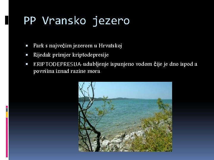 PP Vransko jezero Park s najvećim jezerom u Hrvatskoj Rijedak primjer kriptodepresije KRIPTODEPRESIJA-udubljenje ispunjeno