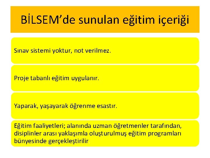 BİLSEM’de sunulan eğitim içeriği Sınav sistemi yoktur, not verilmez. Proje tabanlı eğitim uygulanır. Yaparak,