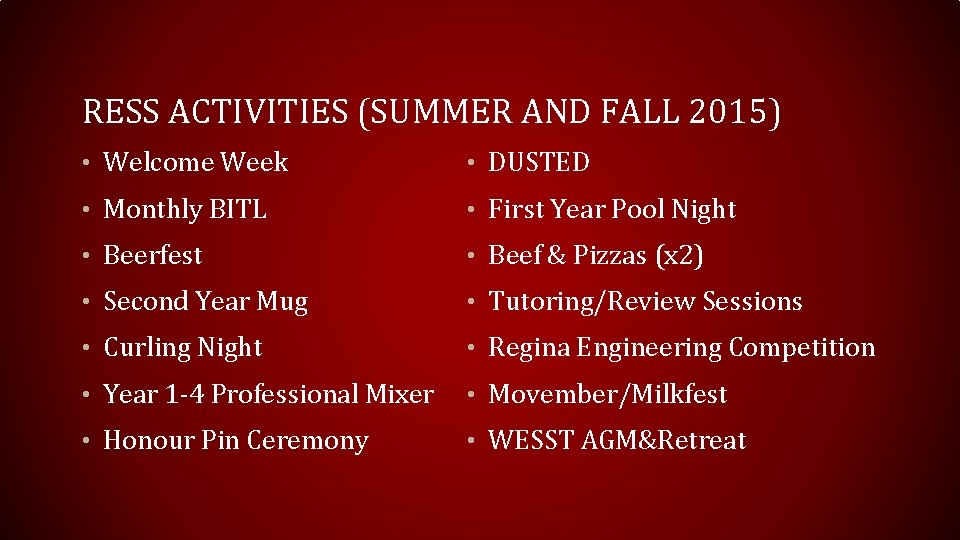 RESS ACTIVITIES (SUMMER AND FALL 2015) • Welcome Week • DUSTED • Monthly BITL