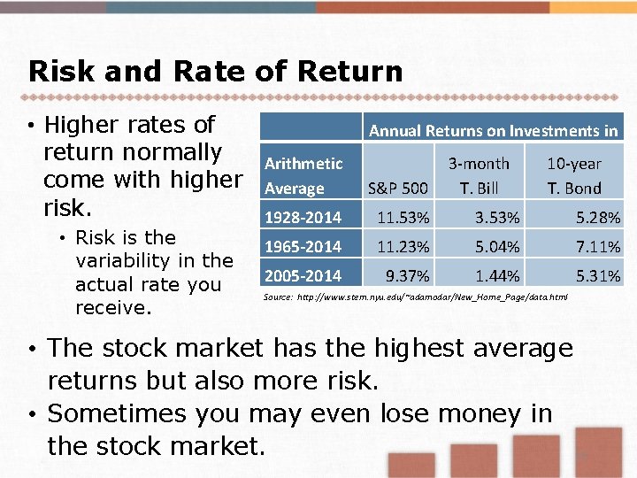 Risk and Rate of Return • Higher rates of return normally come with higher